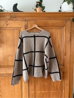 Windowpane Crewneck Sweater in Taupe and Black